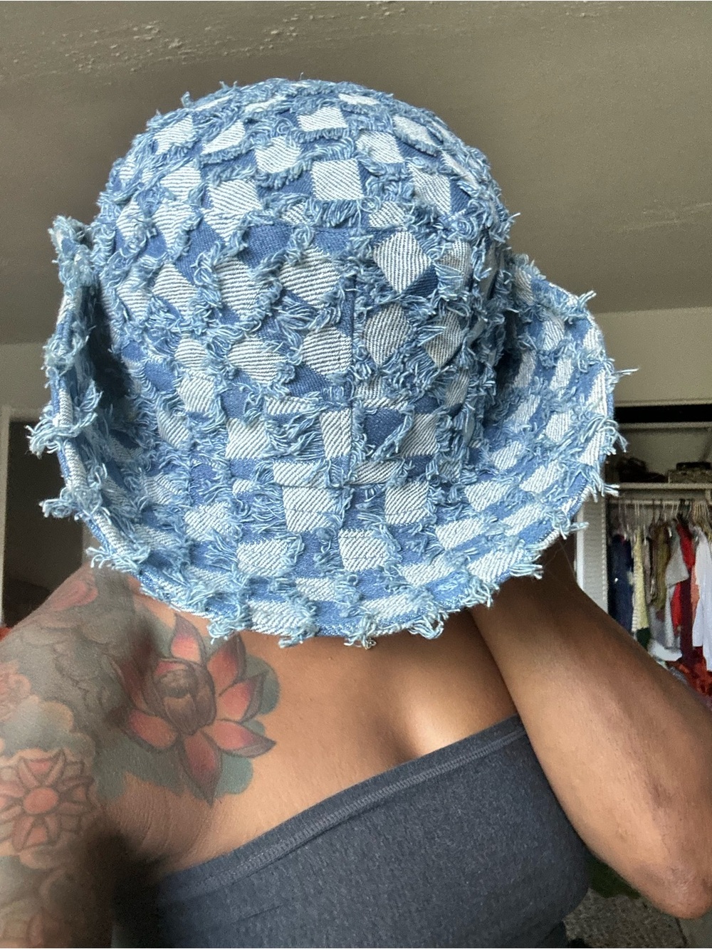 Y2K Frayed Denim Checkerboard Bucket Hat